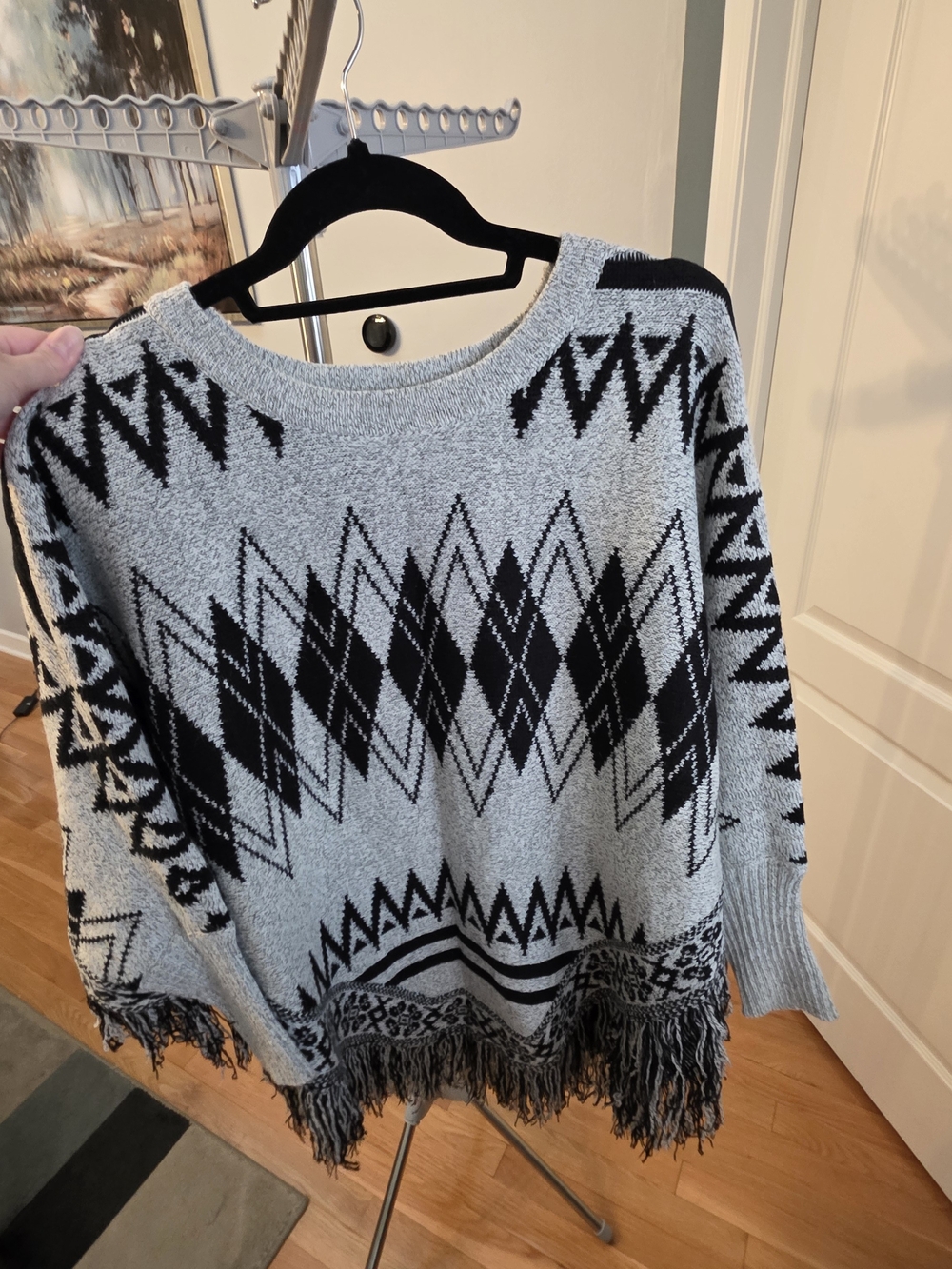 ADORA Gray and Black Geometric Fringe Poncho